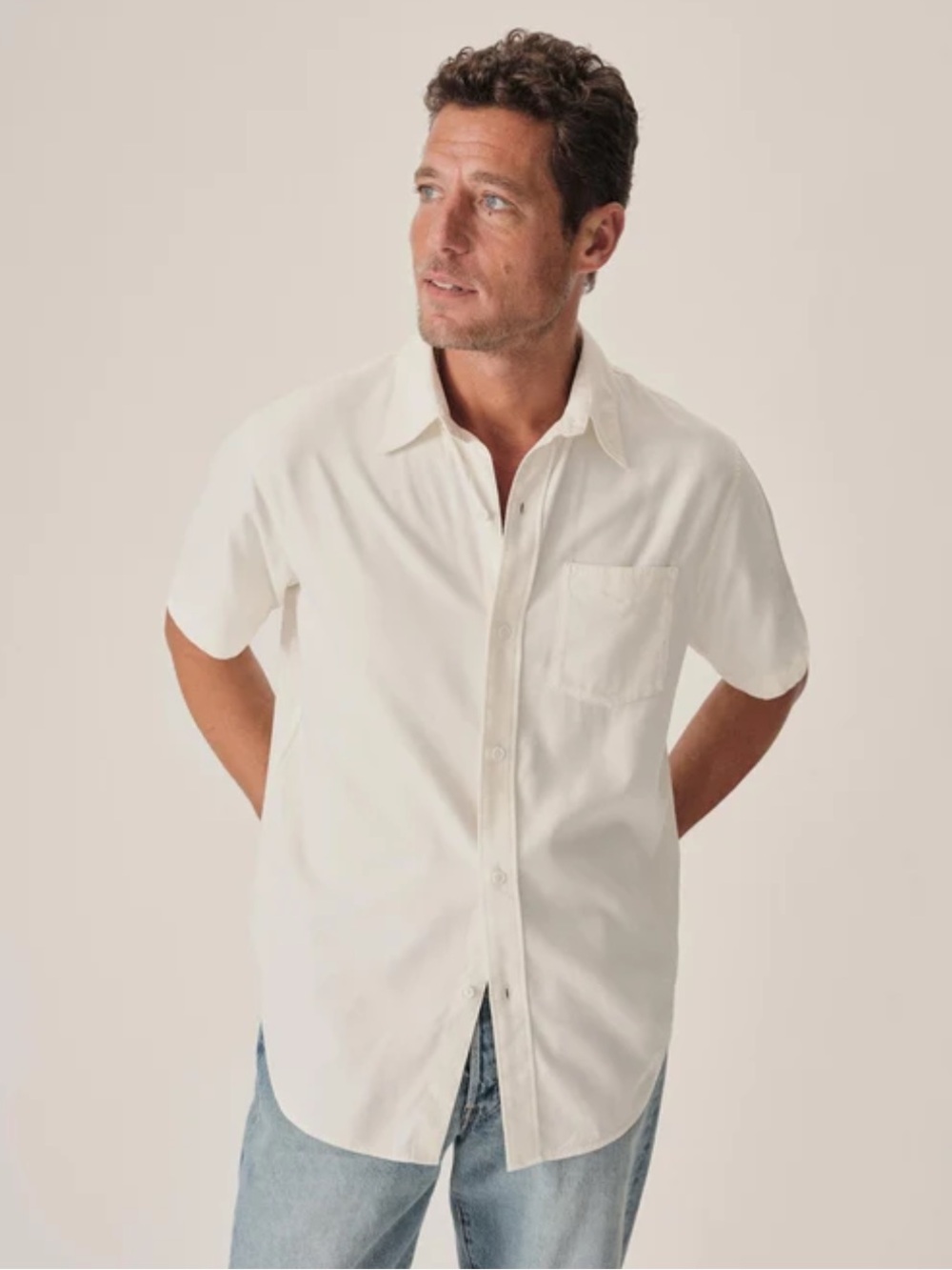 Buck Mason natural white draped twill short sleeve button up size SM new flaw